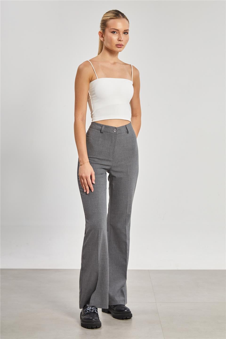 İspanyol paça kumaş pantolon-2620 Okul Gri