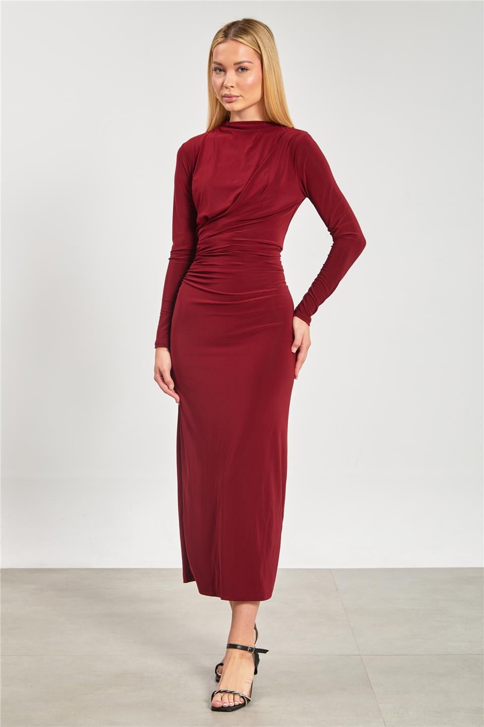 Kadın Arkası Yırtmaçlı Drapeli Elbise - Bordo