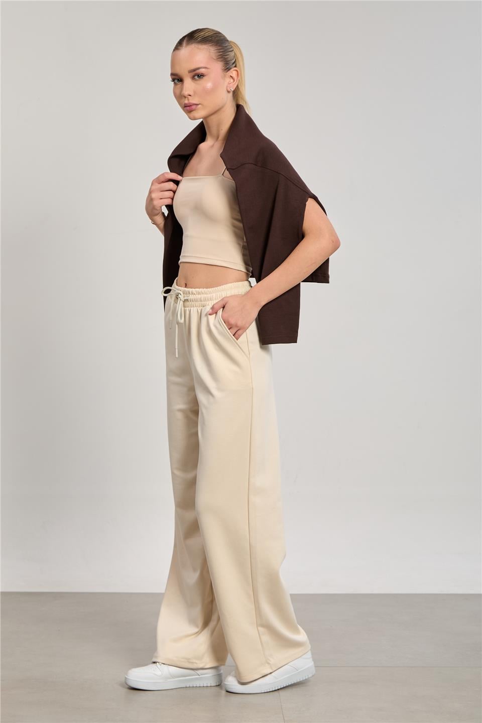 Kadın Beli Lastikli Modal Bol Paça Pantolon - Taş Rengi