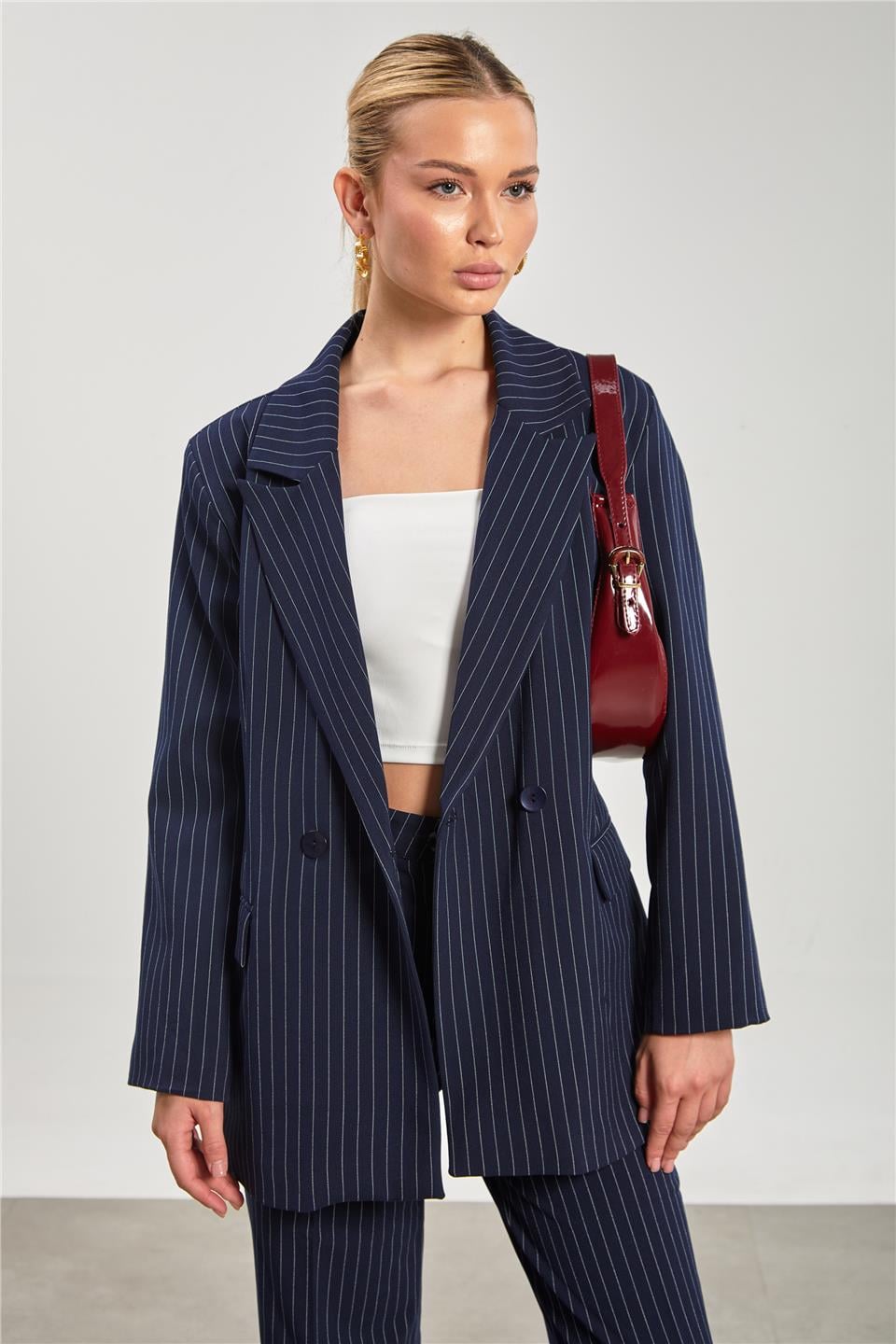 Kadın Cep Kapaklı Çizgili Blazer Ceket - Lacivert