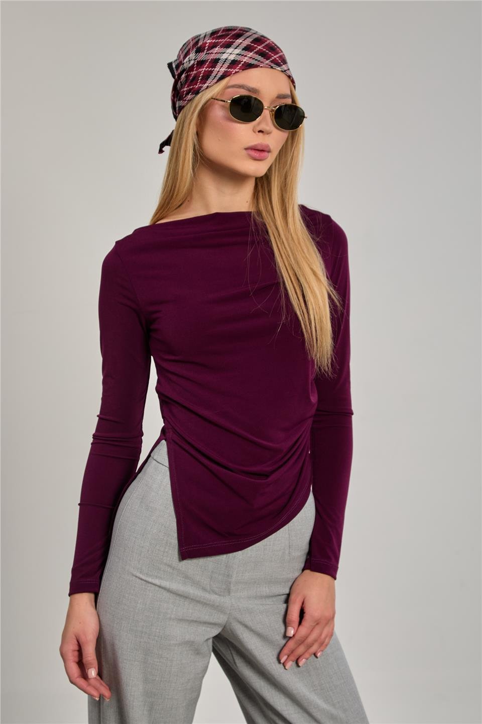 Kadın Kayık Yaka Uzun Kollu Body - Mürdüm