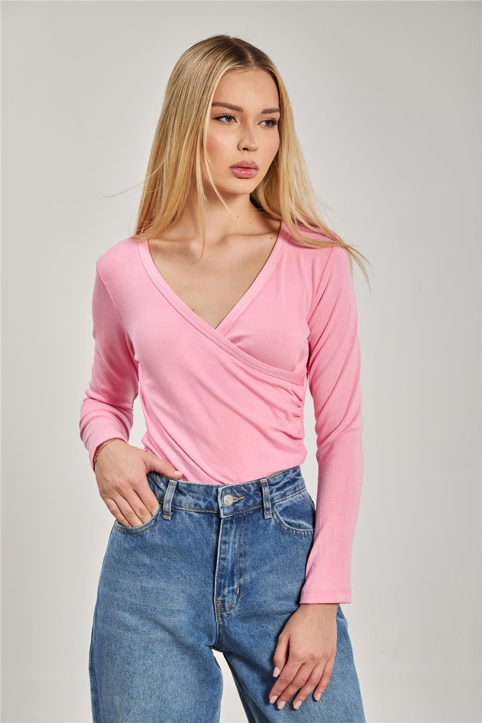 Kadın Kruvaze Yaka Uzun Kol Body - Pembe