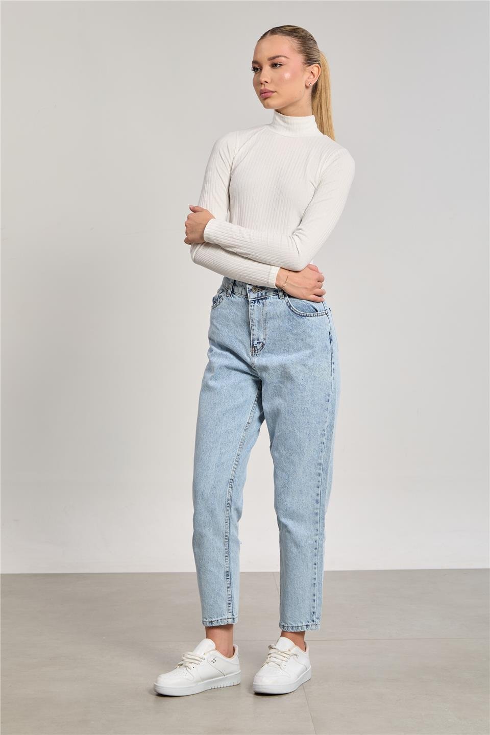 Kadın Mom Fit Jean Pantolon - Mavi Kar Y.