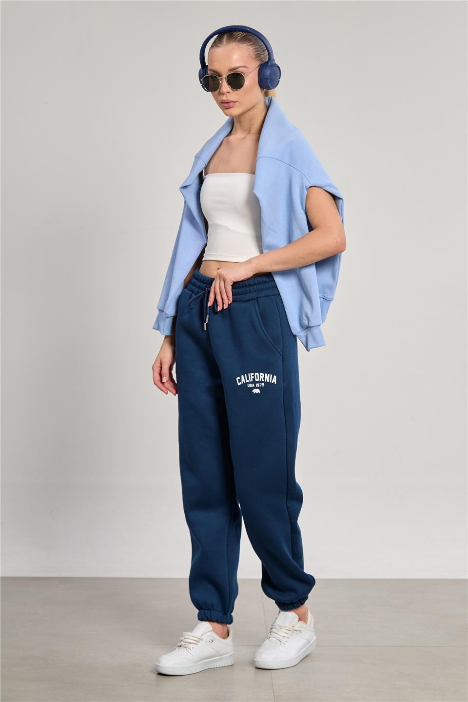 Kadın Paçası Lastikli California Basklı Eşofman Altı - Lacivert 