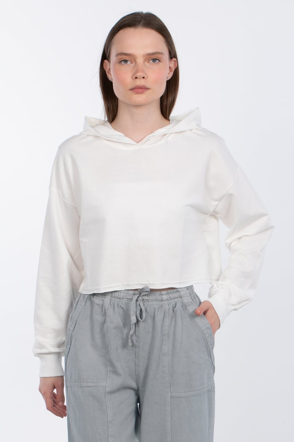 Kapüşonlu crop sweatshirt-DVN0826 Ekru