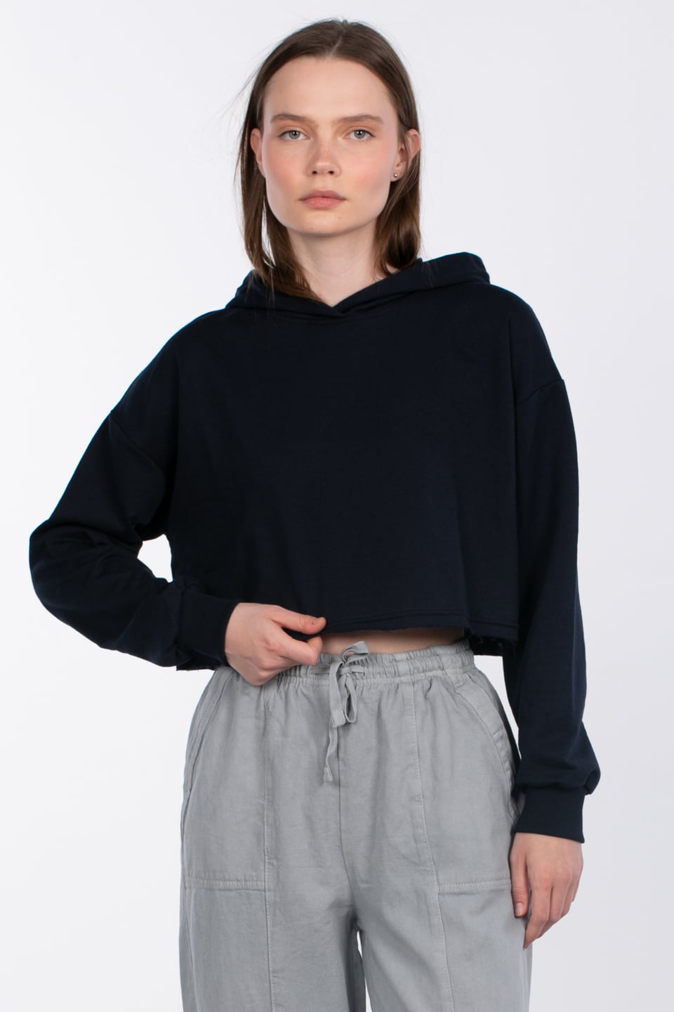 Kapüşonlu crop sweatshirt-DVN0826 Lacivert