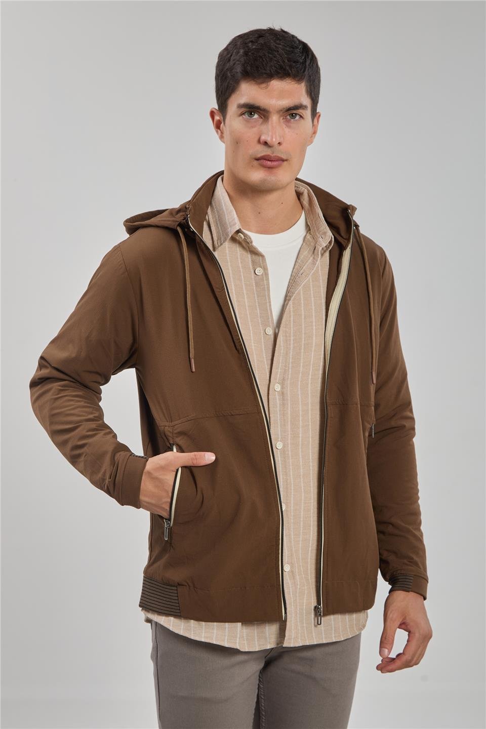 Kapüşonlu fermuarlı ceket-2897 Kahve