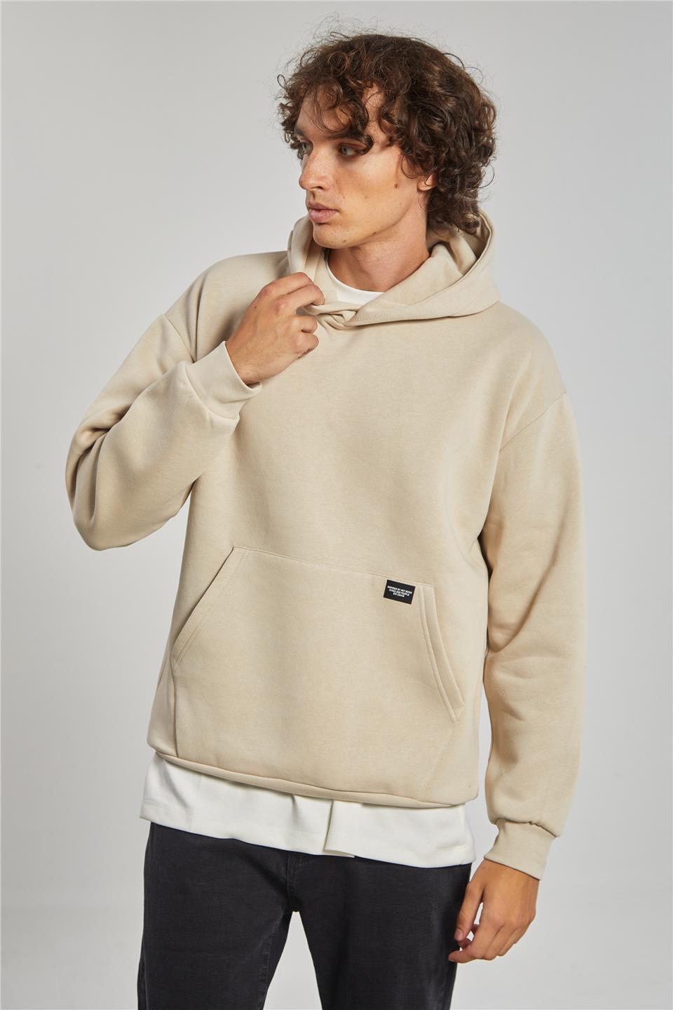 Kapüşonlu Kanguru Cepli Erkek Sweatshirt - Kum Gri