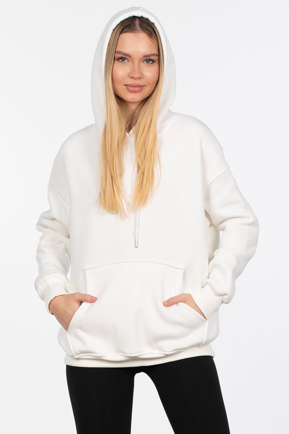 Kapüşonlu Kanguru Cepli Sweatshirt - Ekru