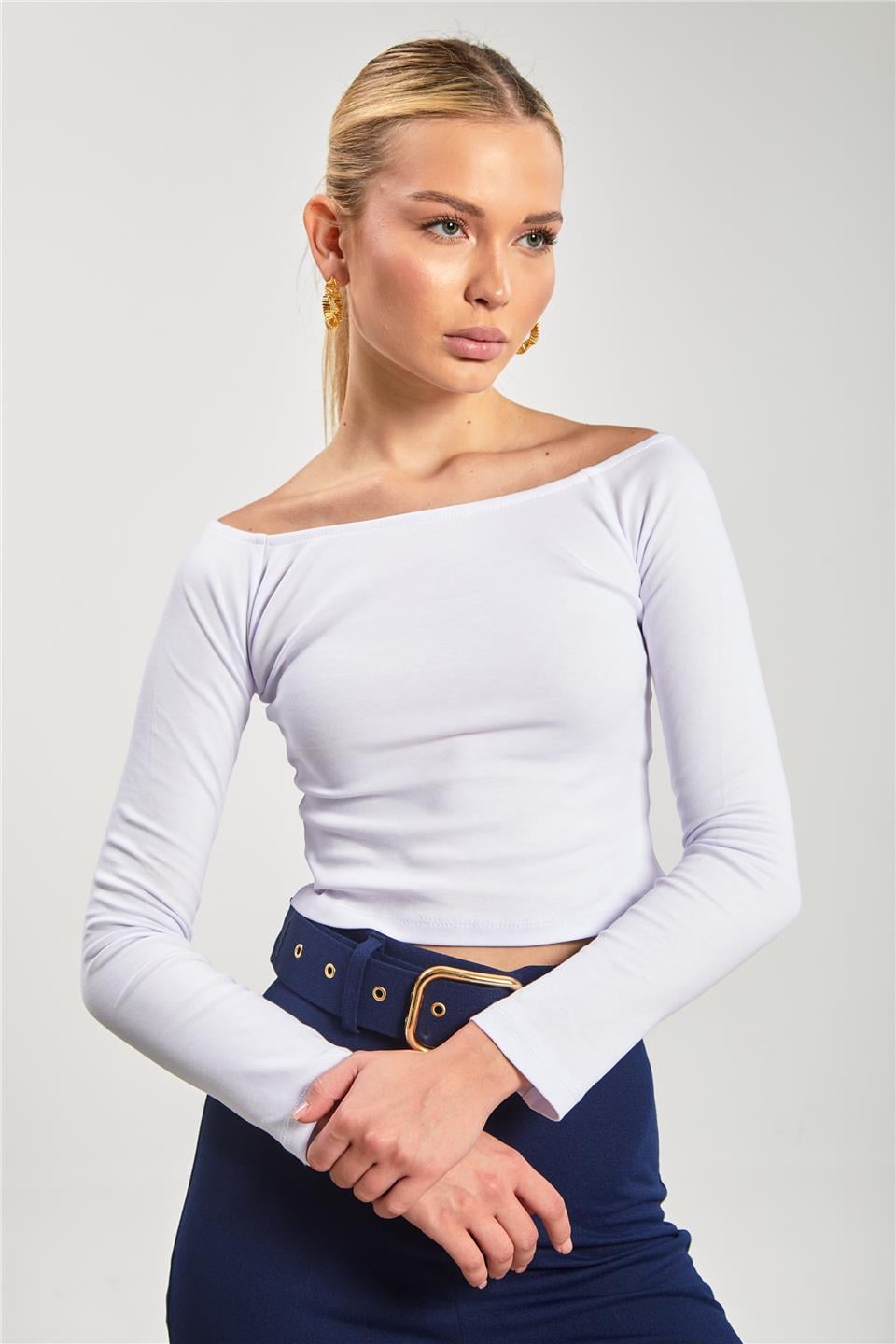 Kayık yaka uzun kol body-6523 Beyaz