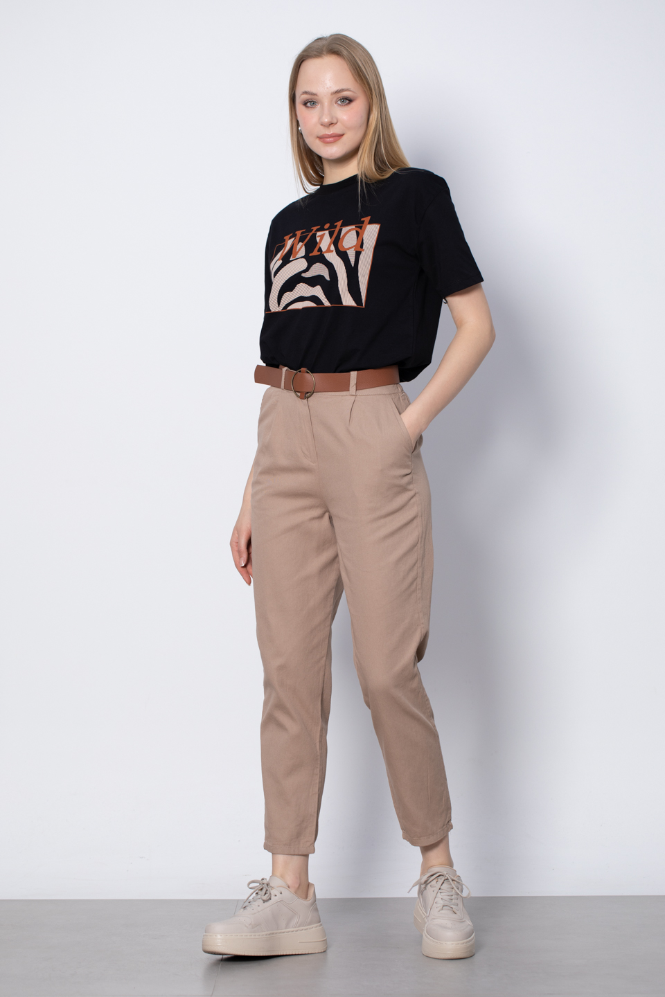 Kemerli Havuç Pantolon - Vizon