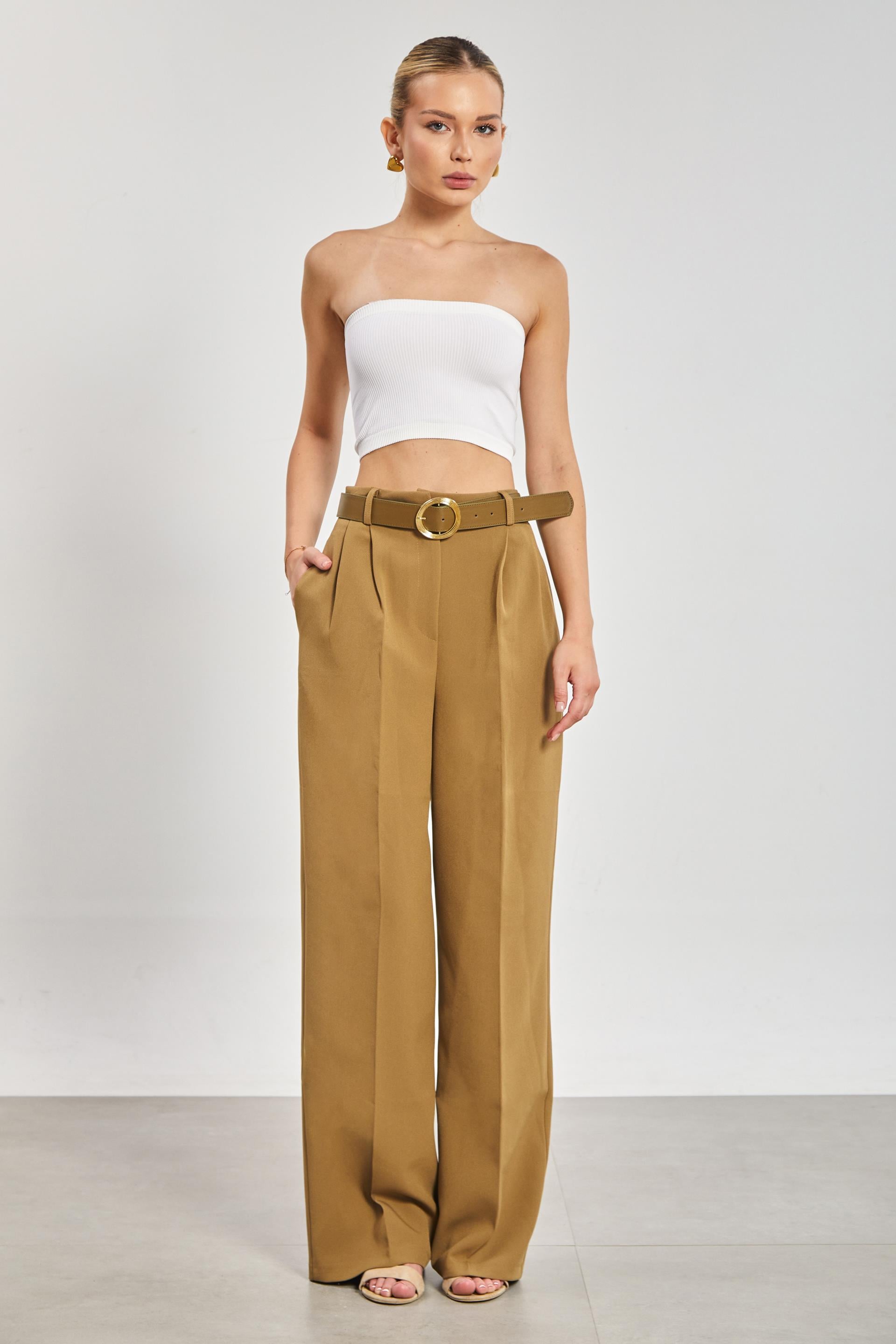 Kemerli Pileli Palazzo Kumaş Kadın Pantolon - Haki