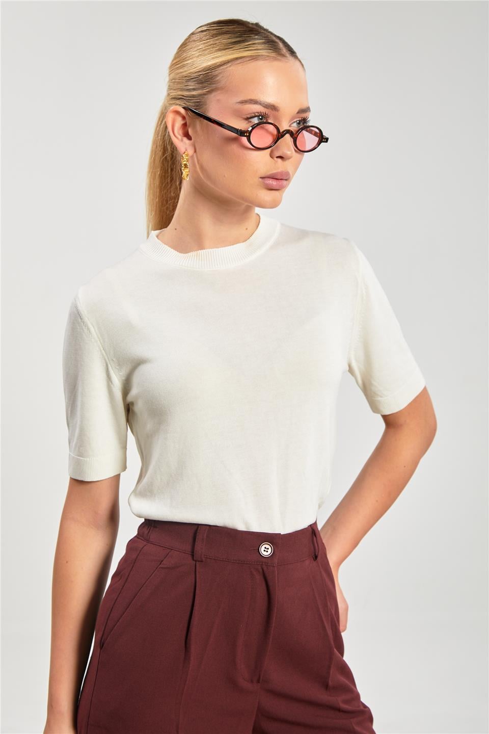 Kısa kol triko bluz-6610 Ekru