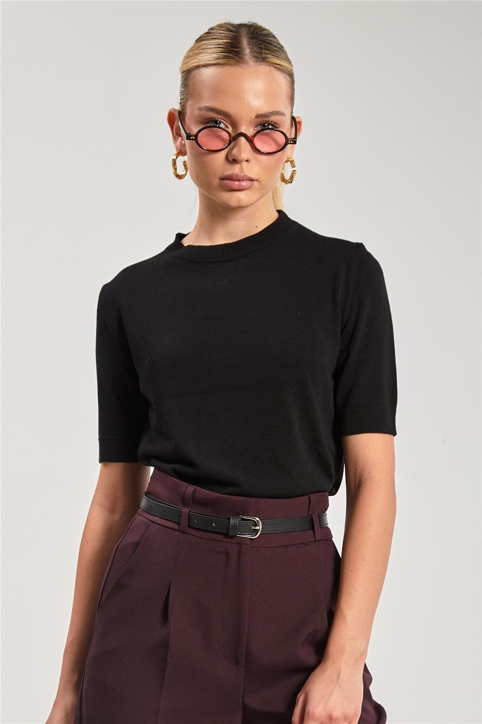 Kısa kol triko bluz-6610 Siyah