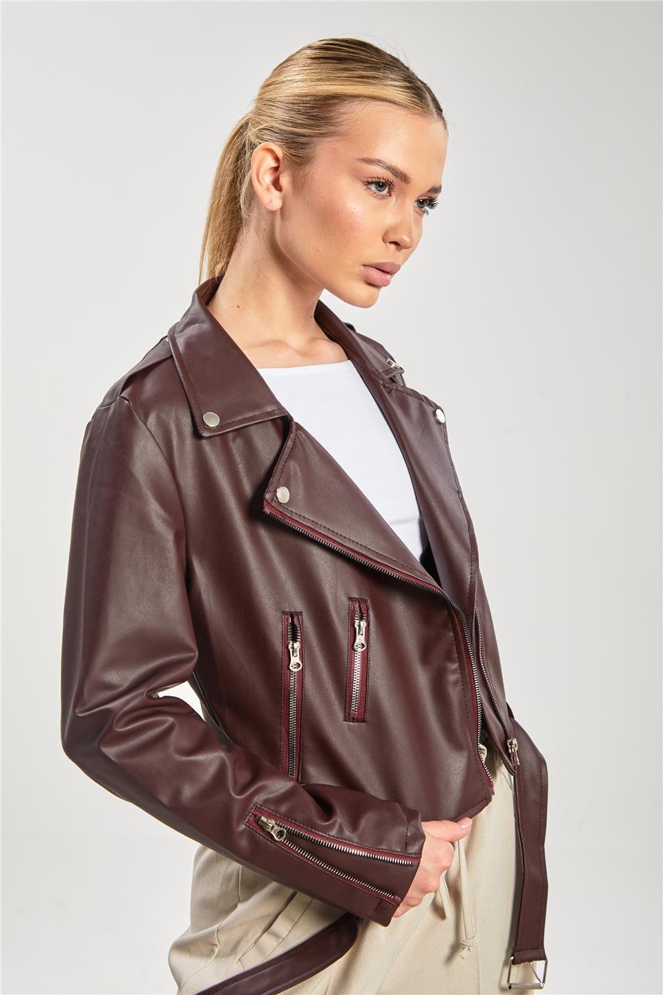 Kruvaze yaka suni deri mont-2061 Bordo