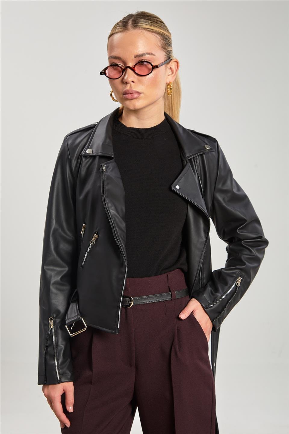 Kruvaze yaka suni deri mont-2061 Siyah