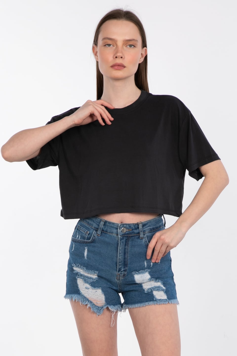 Modal bisiklet yaka crop t-shirt-83-090 Siyah