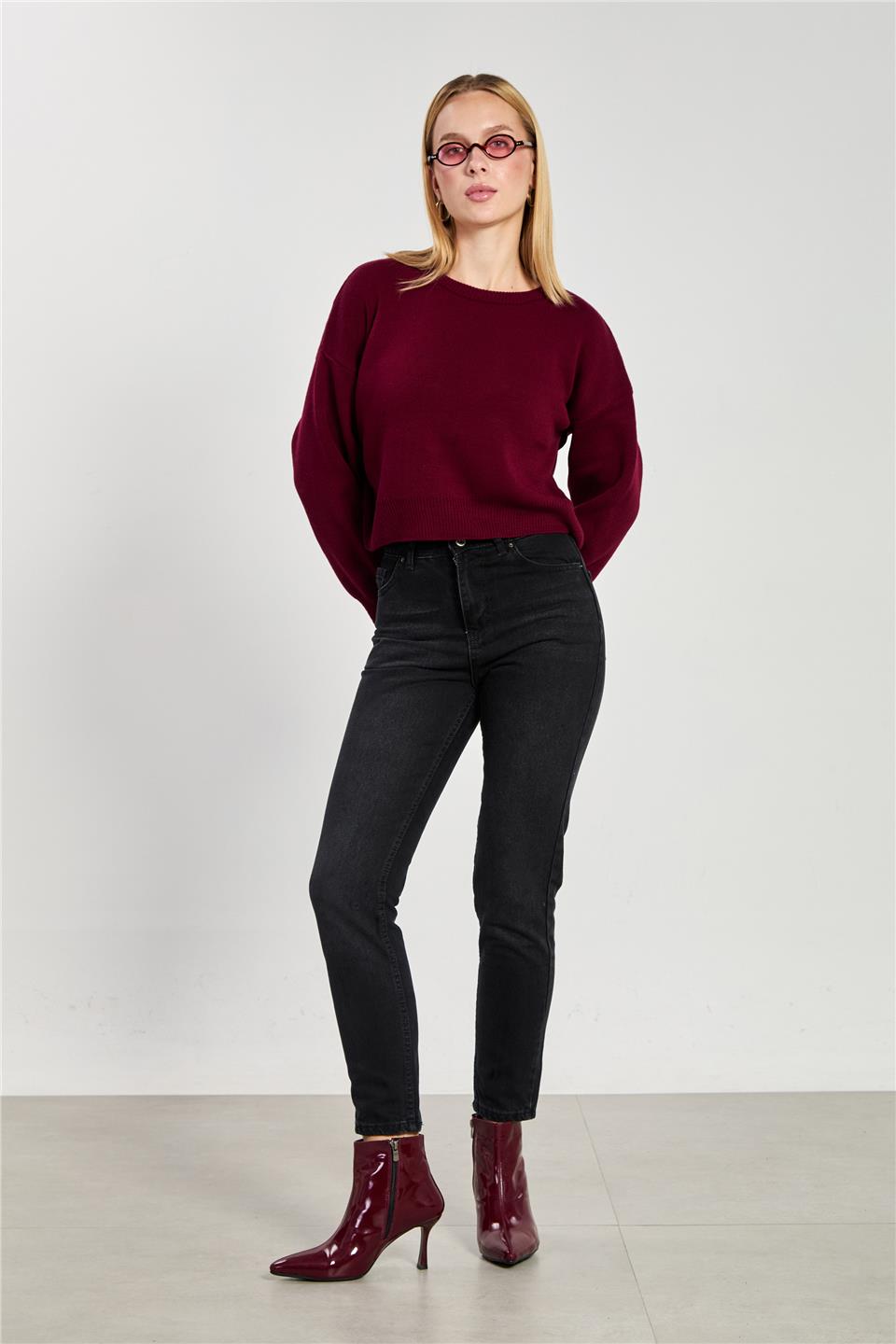 Mom jean pantolon-7022 Taşlanmış Siyah