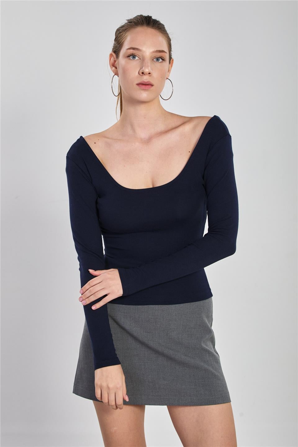 Ön arka kayık yaka body-4410 Lacivert