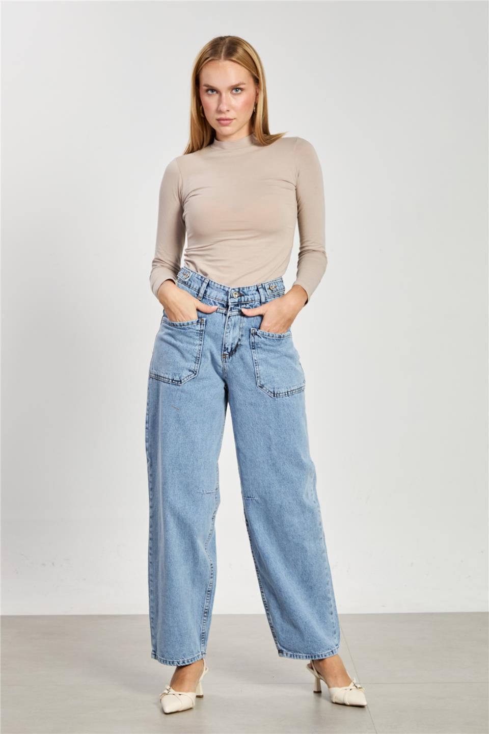 Ön cepli baggy jean pantolon-7019 Mavi