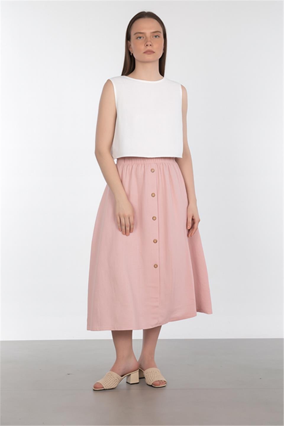 Önü düğmeli keten etek-3419 Pembe