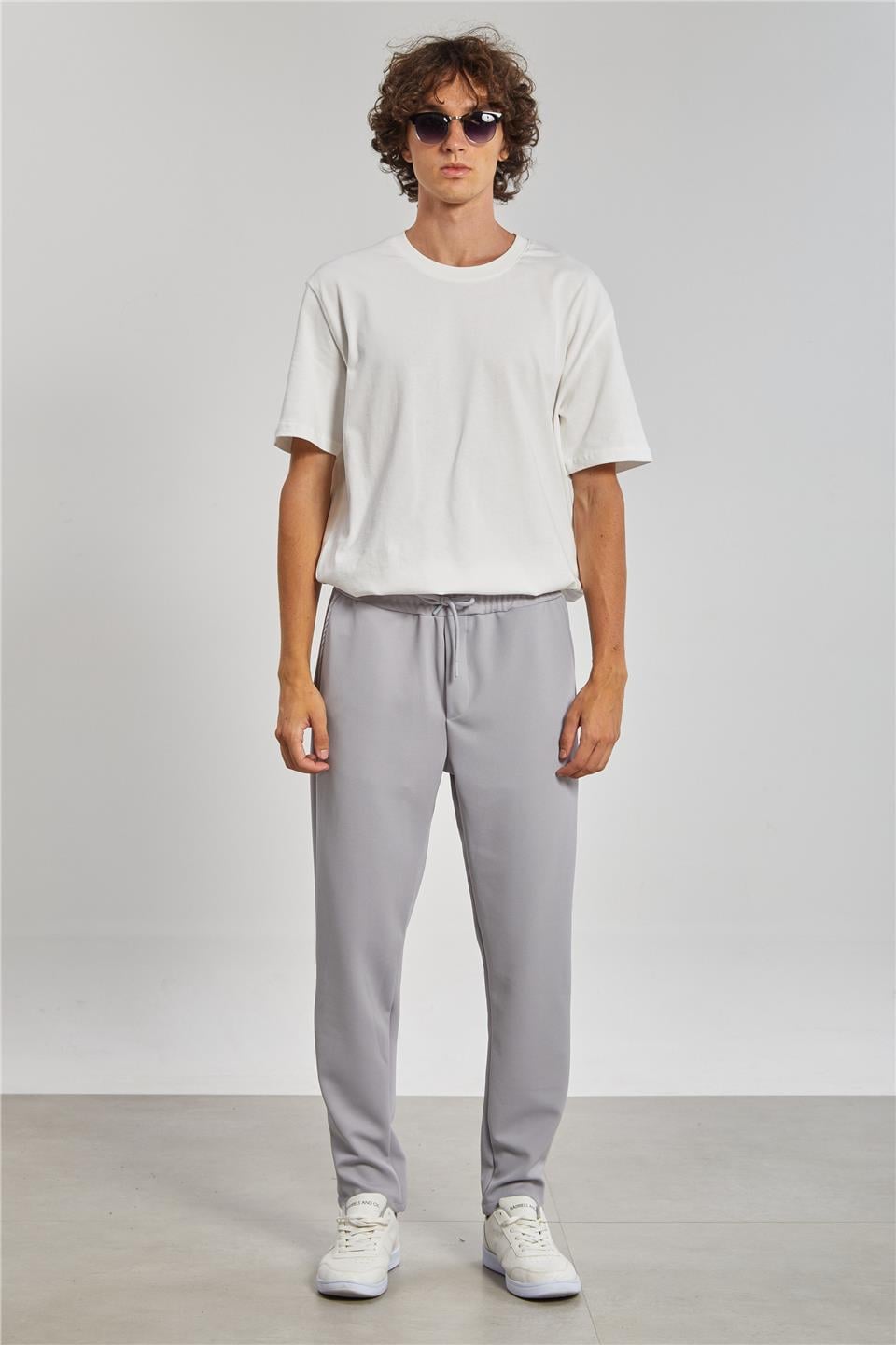 Regular Fit Beli Bağlamalı Erkek Pantolon - Açık Gri