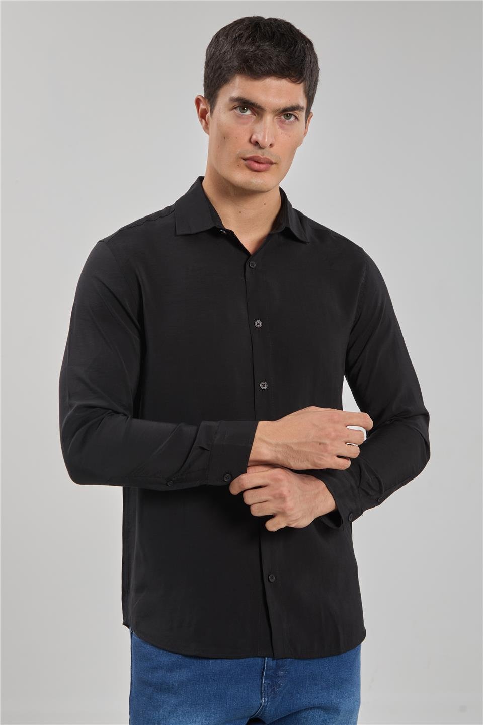 Uzun kol oversize modal gömlek-1184 Siyah