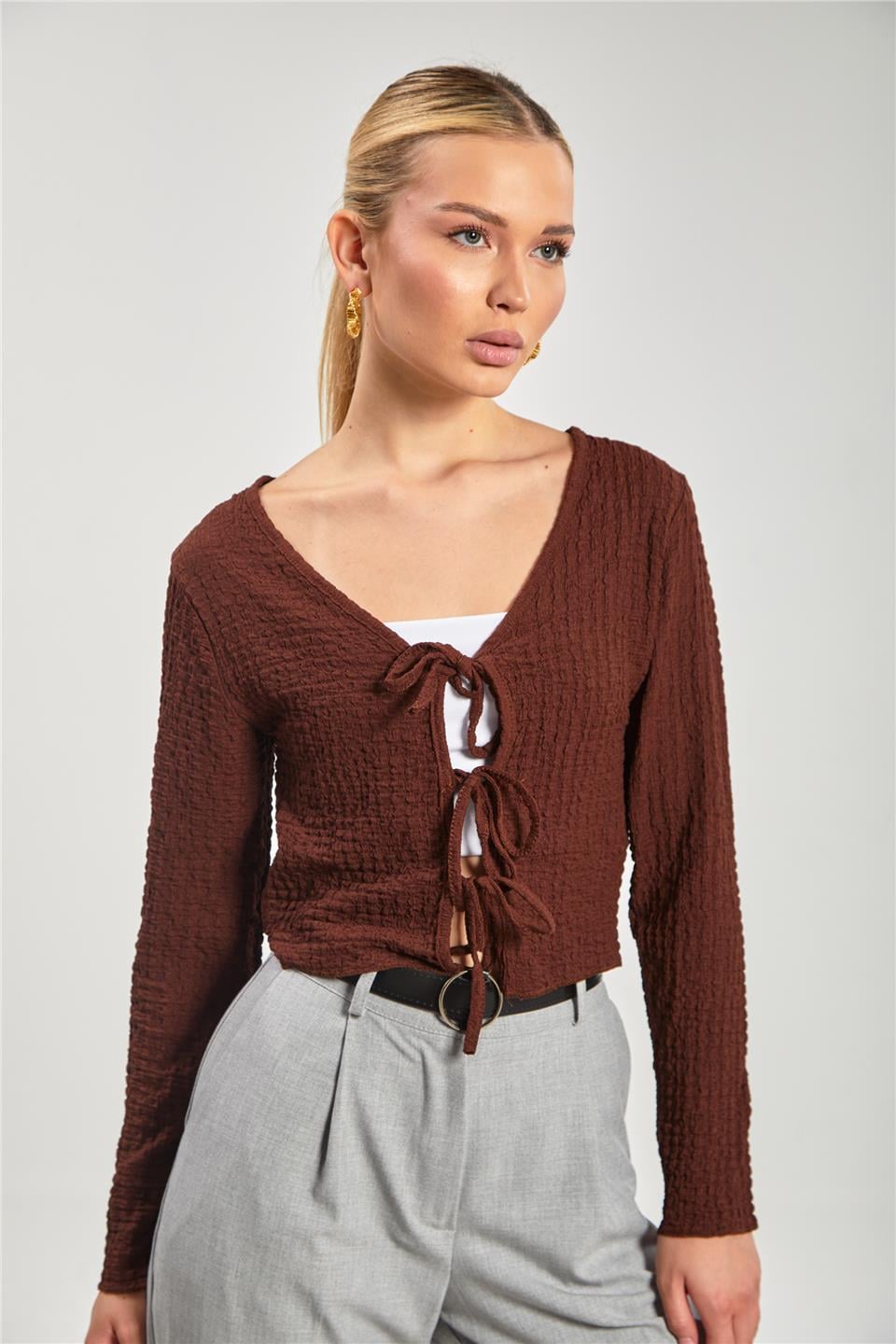 Uzun kollu önü bağlamalı hırka-6480 Acı Kahve