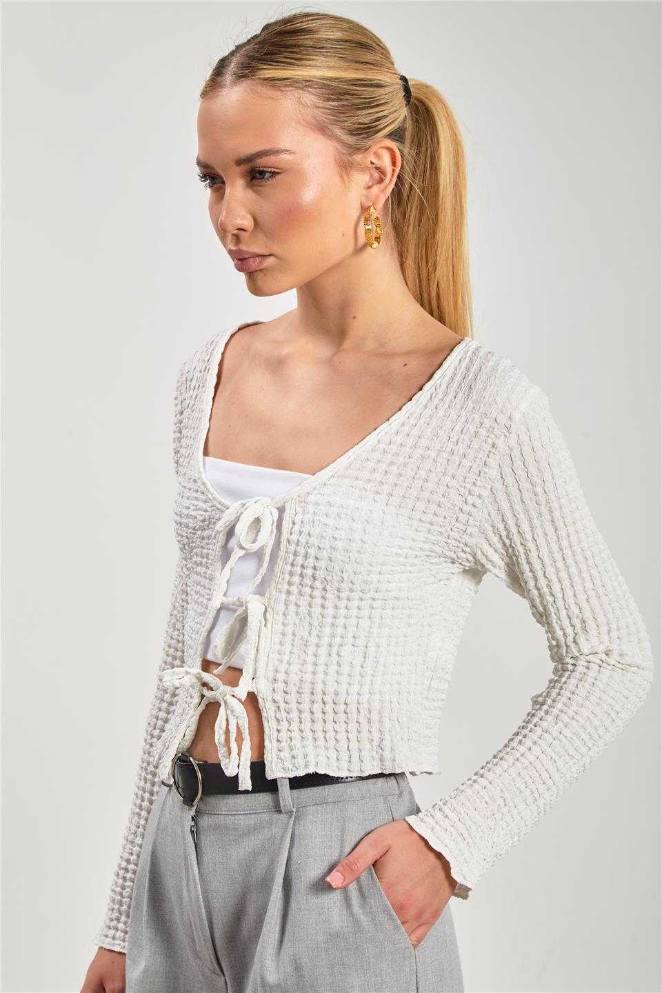 Uzun kollu önü bağlamalı hırka-6480 Ekru