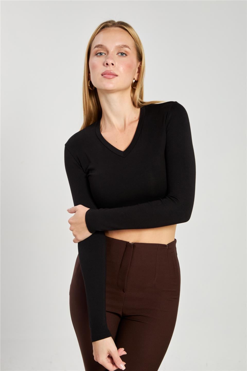 V yaka uzun kol body-4455 Siyah