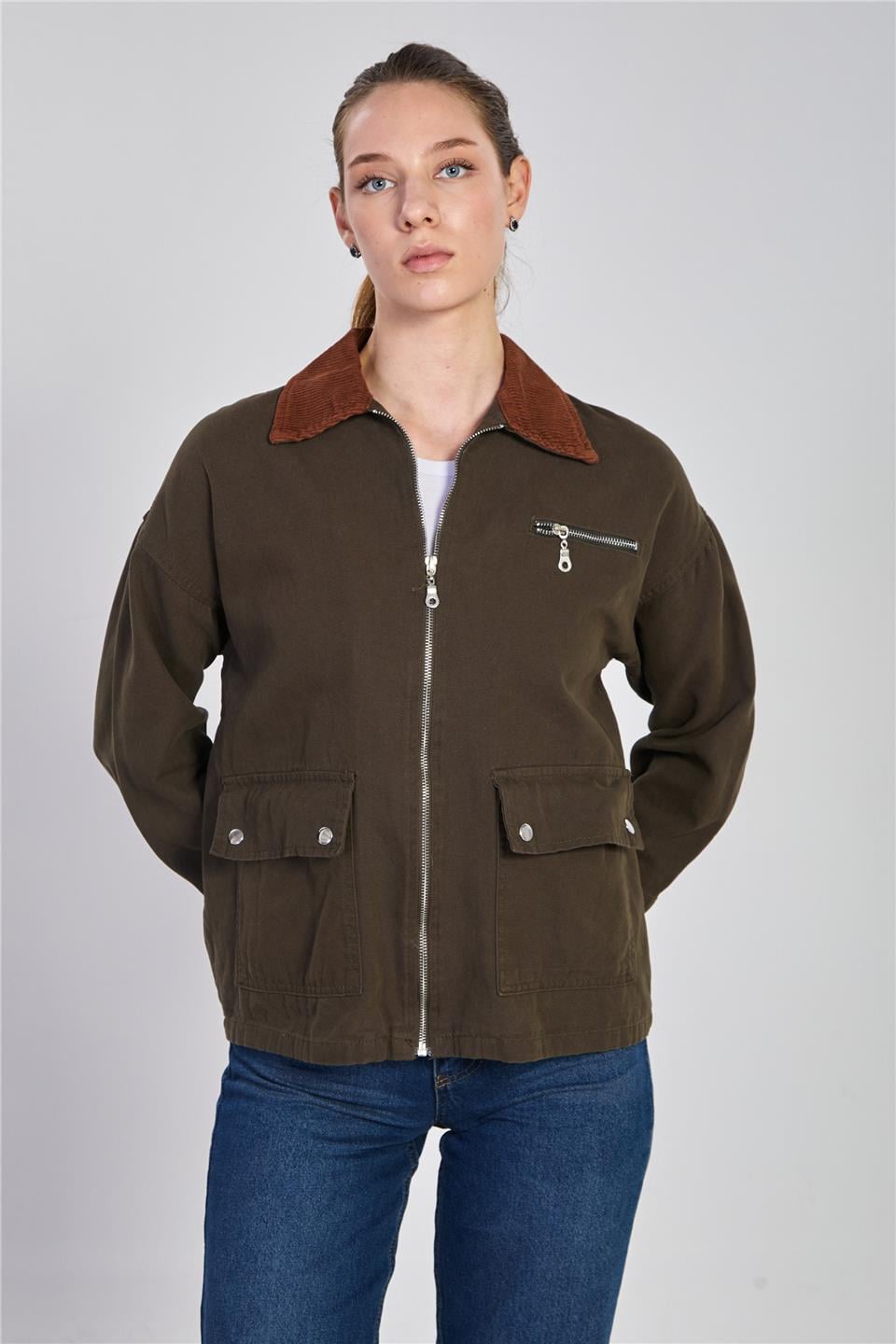 Yaka garnili fermuarlı ceket-5794 Haki