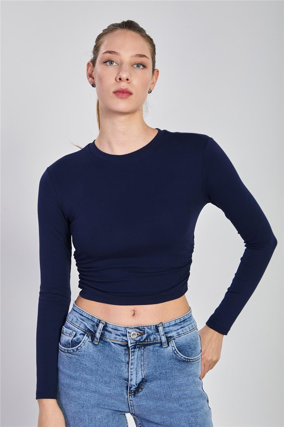 Yanı büzgülü uzun kol body-4164 Lacivert