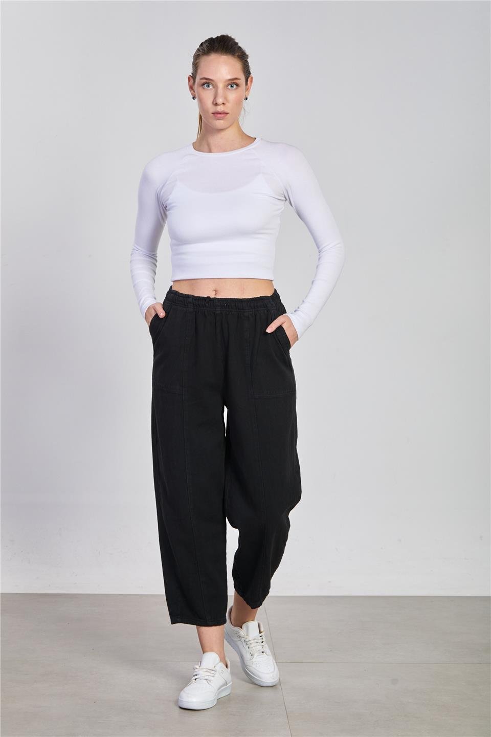 Yıkamalı havuç pantolon-3913 Siyah