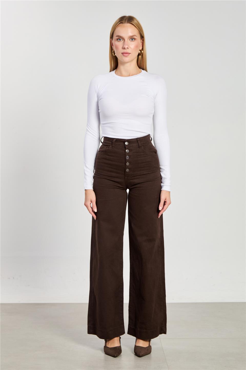 Kadın 5 Düğmeli Gabardin Palazzo Pantolon - Acı Kahve
