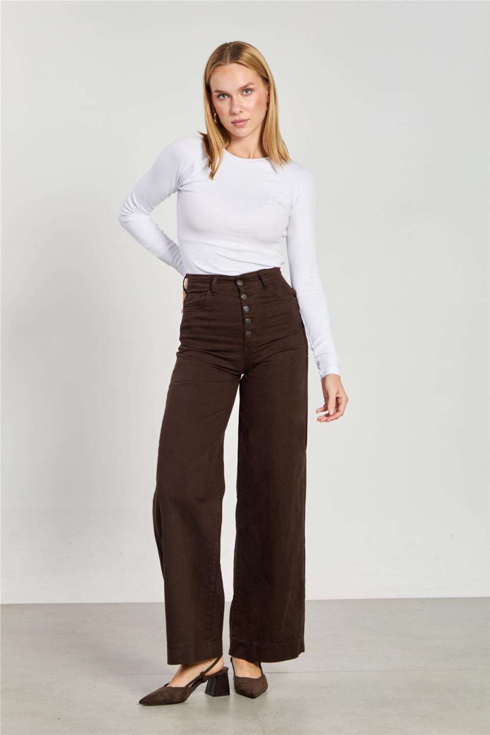 Kadın 5 Düğmeli Gabardin Palazzo Pantolon - Acı Kahve