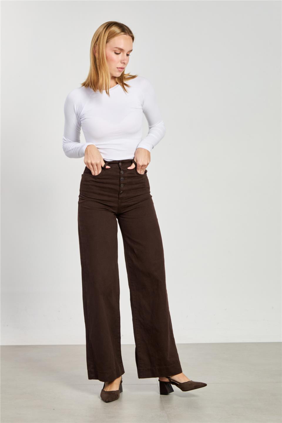 Kadın 5 Düğmeli Gabardin Palazzo Pantolon - Acı Kahve