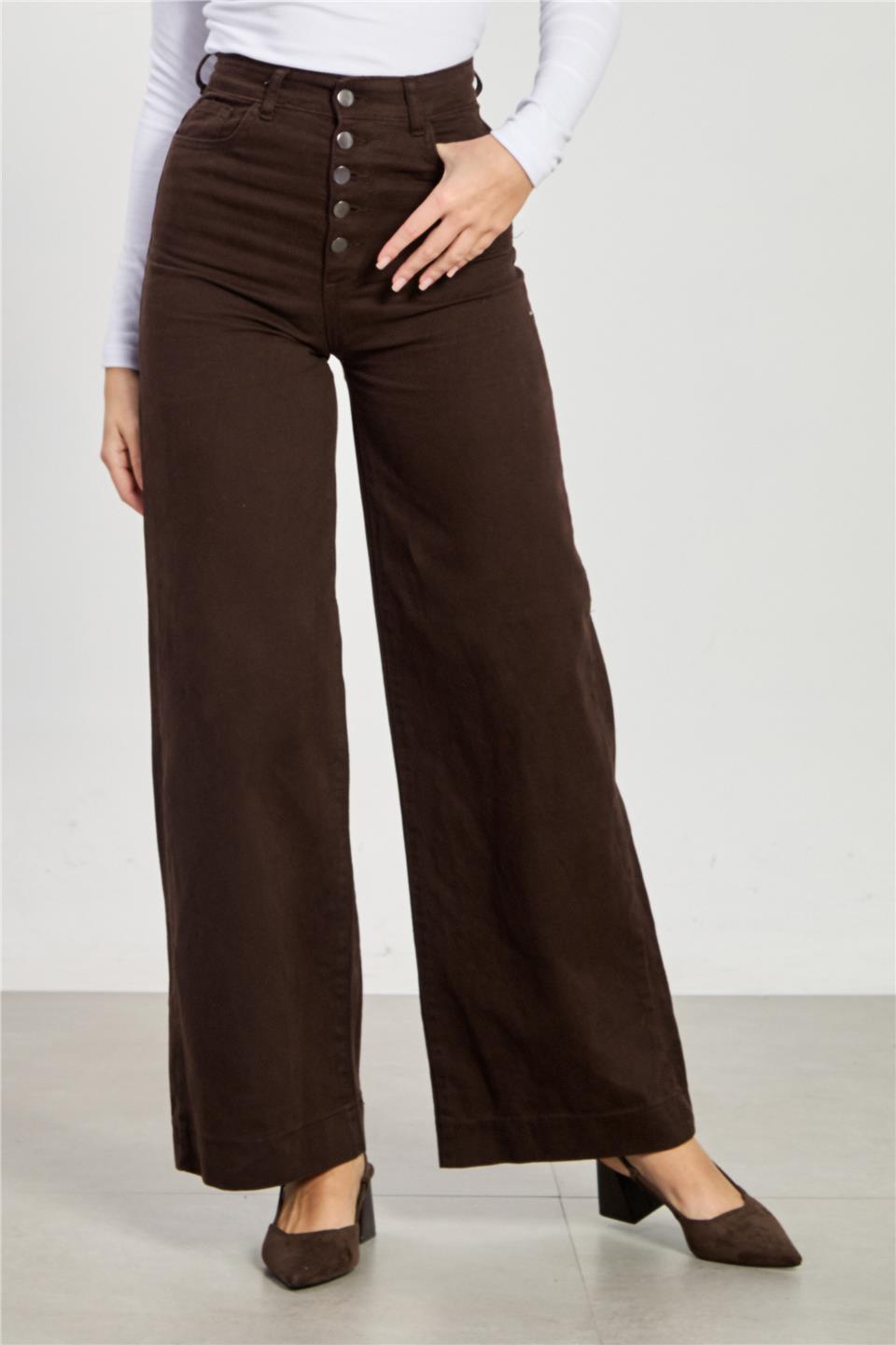 Kadın 5 Düğmeli Gabardin Palazzo Pantolon - Acı Kahve