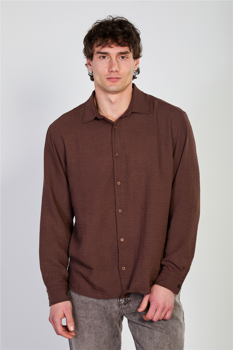 Erkek Uzun Kollu Regular Fit Gömlek - A.Kahve