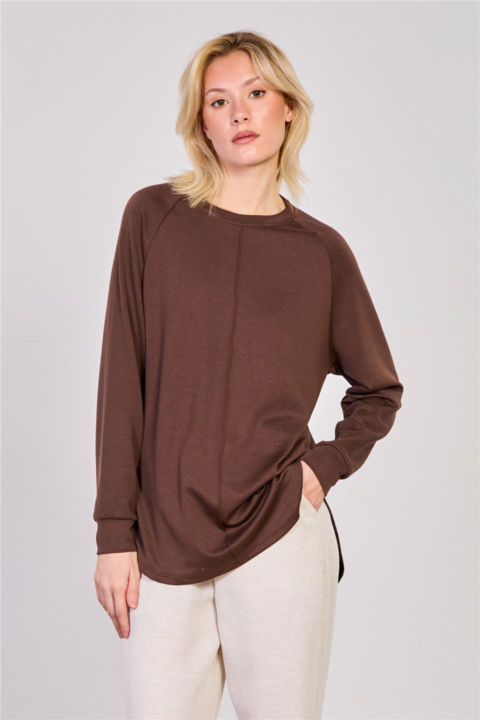 Kadın Önü Çimalı Tunik Sweatshirt - Acı Kahve