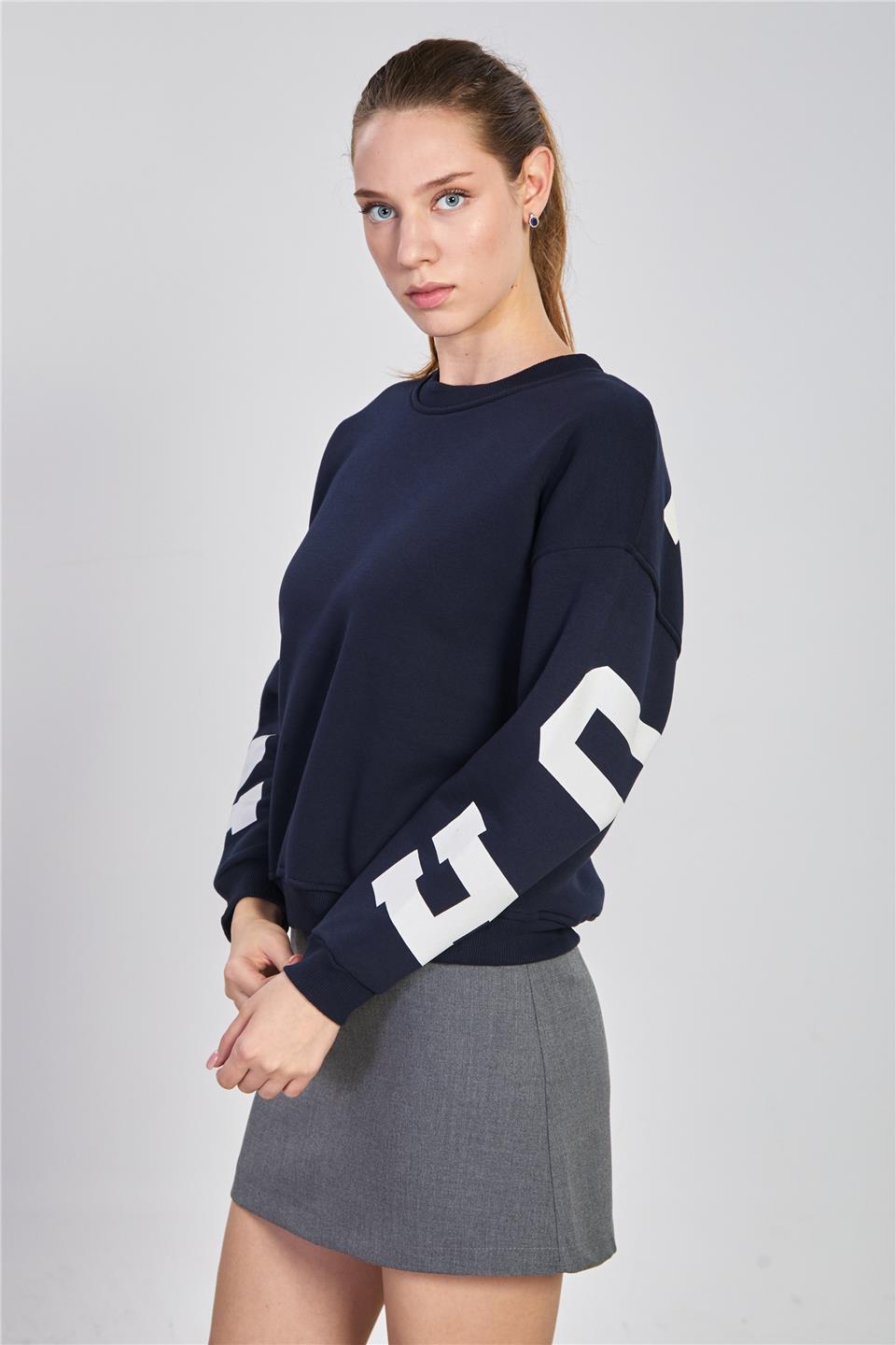 Kadın Arkası Houston Baskılı Sweatshirt - Lacivert