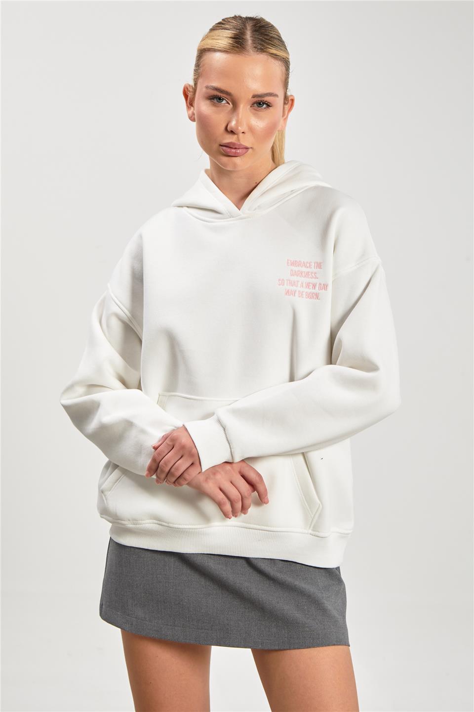 Kadın Arkası Simli Kanguru Cepli Sweatshirt - Ekru