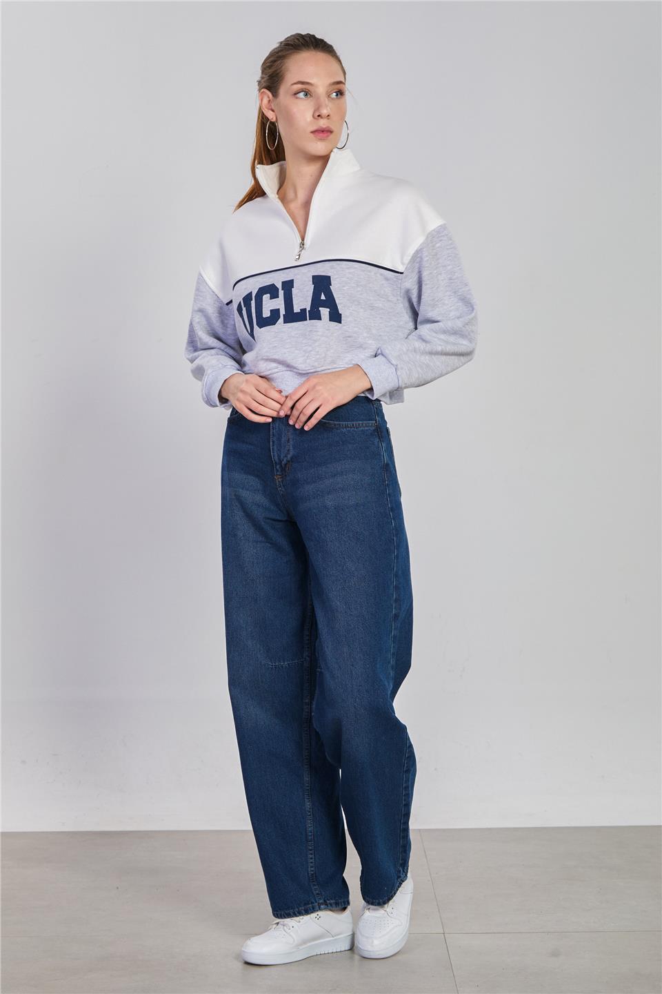 Kadın Arkası Tokalı Baggy Jean Pantolon - Mavi