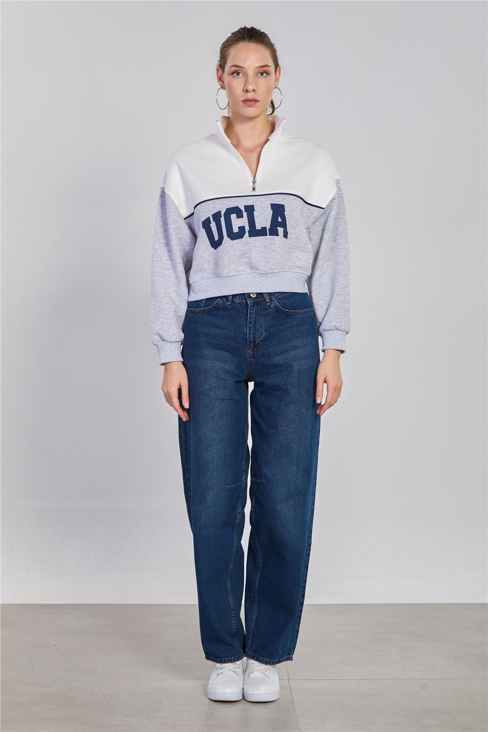 Kadın Arkası Tokalı Baggy Jean Pantolon - Mavi