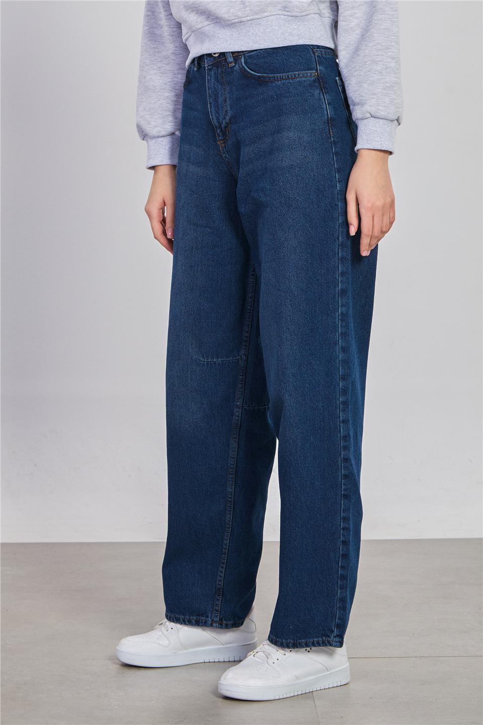 Kadın Arkası Tokalı Baggy Jean Pantolon - Mavi