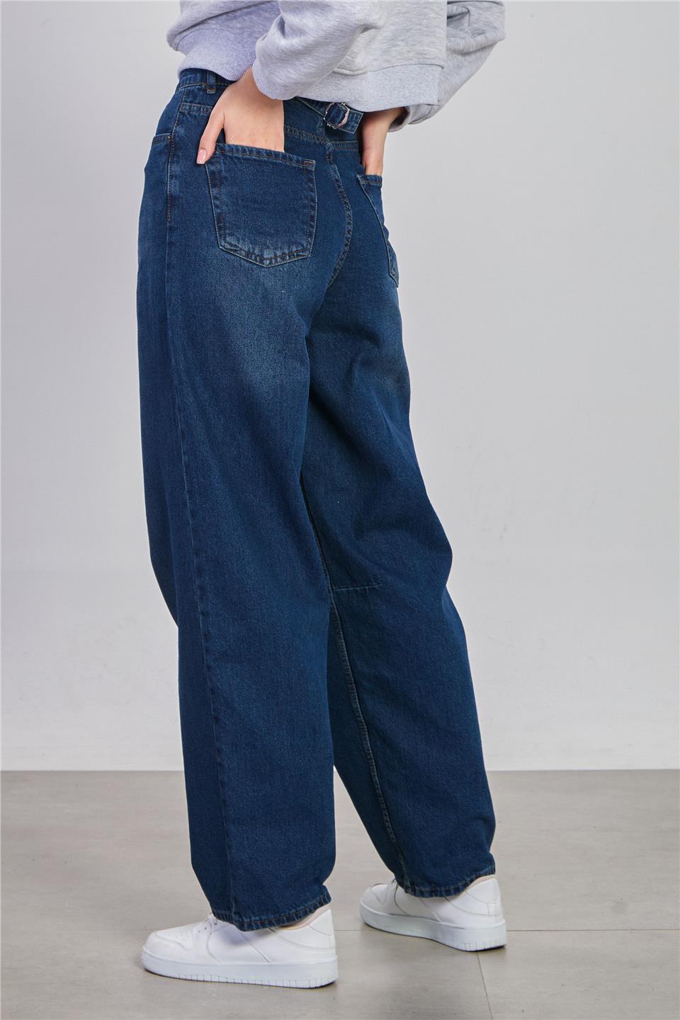 Kadın Arkası Tokalı Baggy Jean Pantolon - Mavi