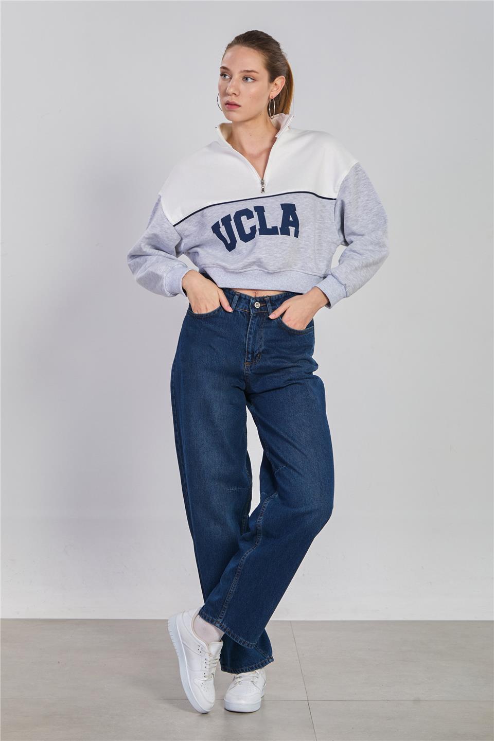 Kadın Arkası Tokalı Baggy Jean Pantolon - Mavi