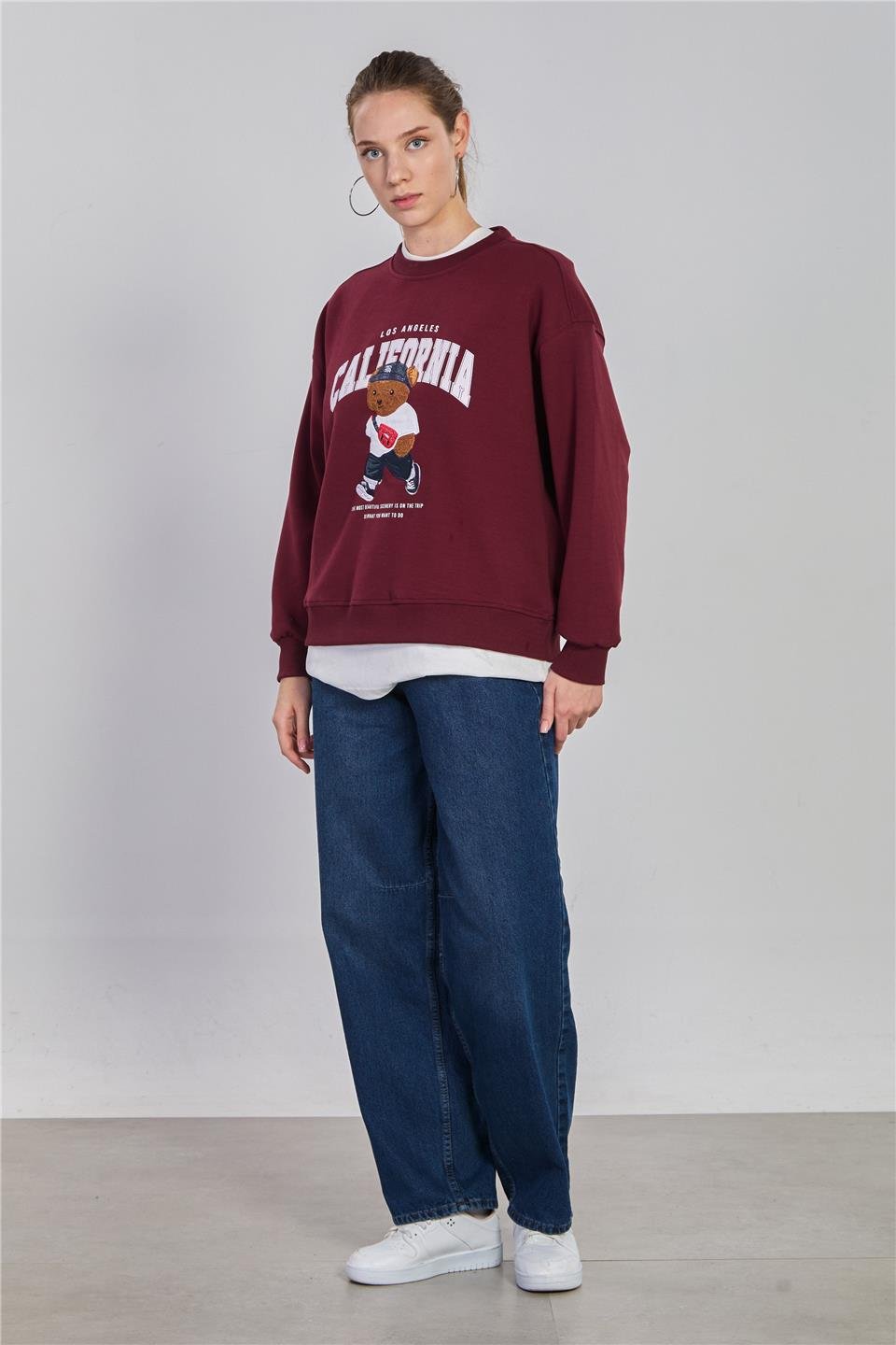 Kadın Ayı Baskılı Oversize Sweatshirt - Bordo