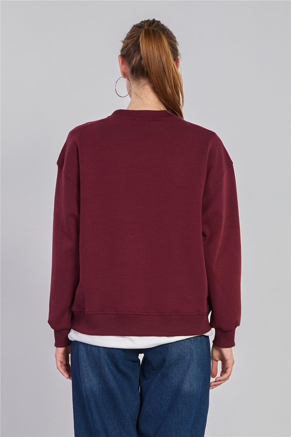 Kadın Ayı Baskılı Oversize Sweatshirt - Bordo