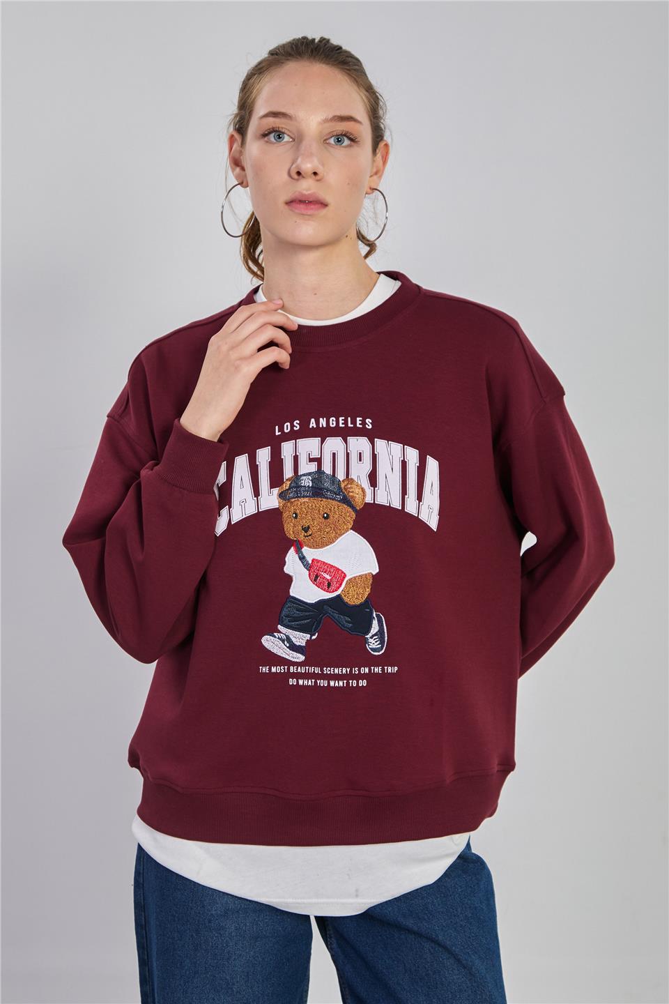 Kadın Ayı Baskılı Oversize Sweatshirt - Bordo