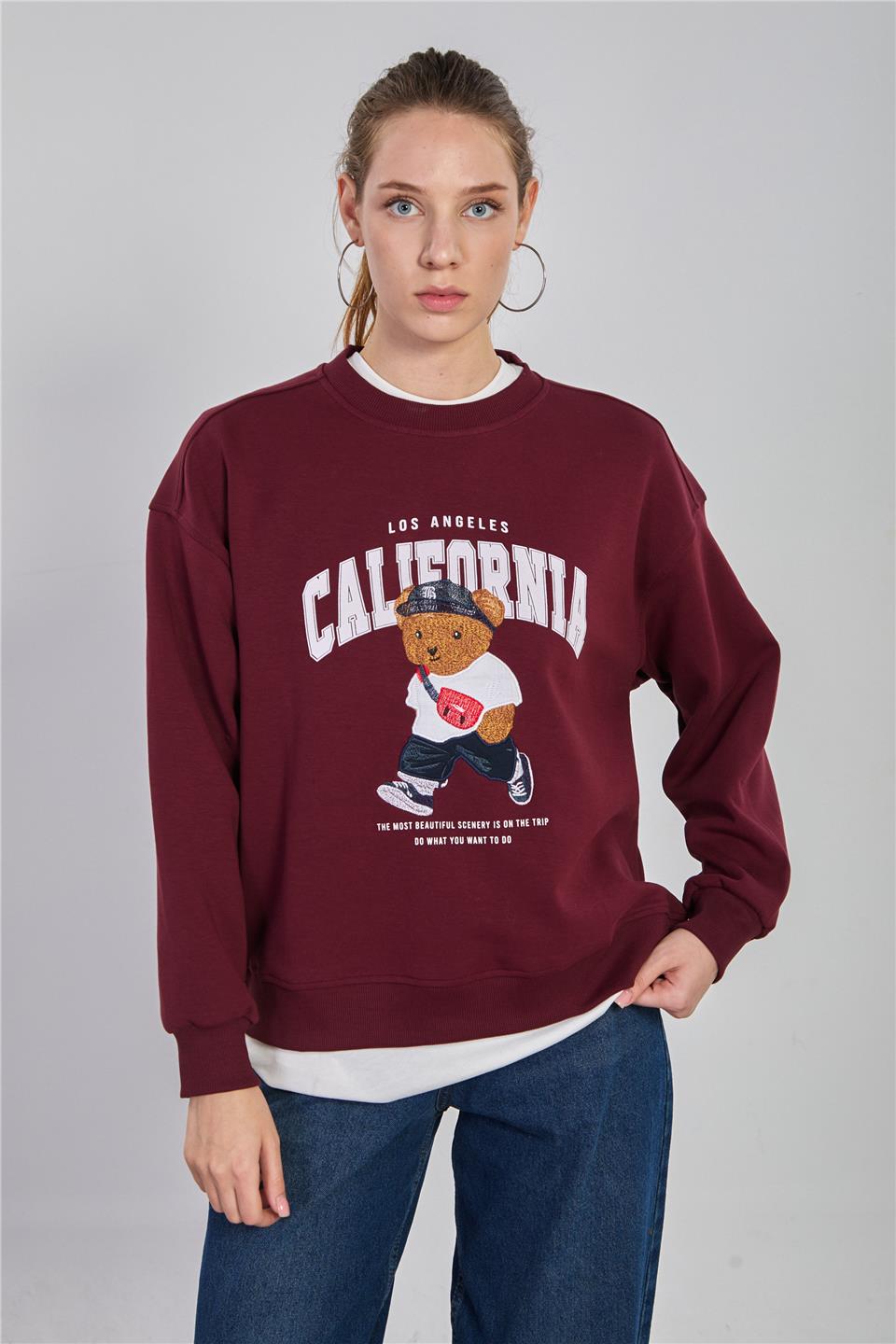 Kadın Ayı Baskılı Oversize Sweatshirt - Bordo